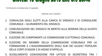 AVVISO DI CONVOCAZIONE CONSIGLIO COMUNALE: Giovedì 13 giugno 2019