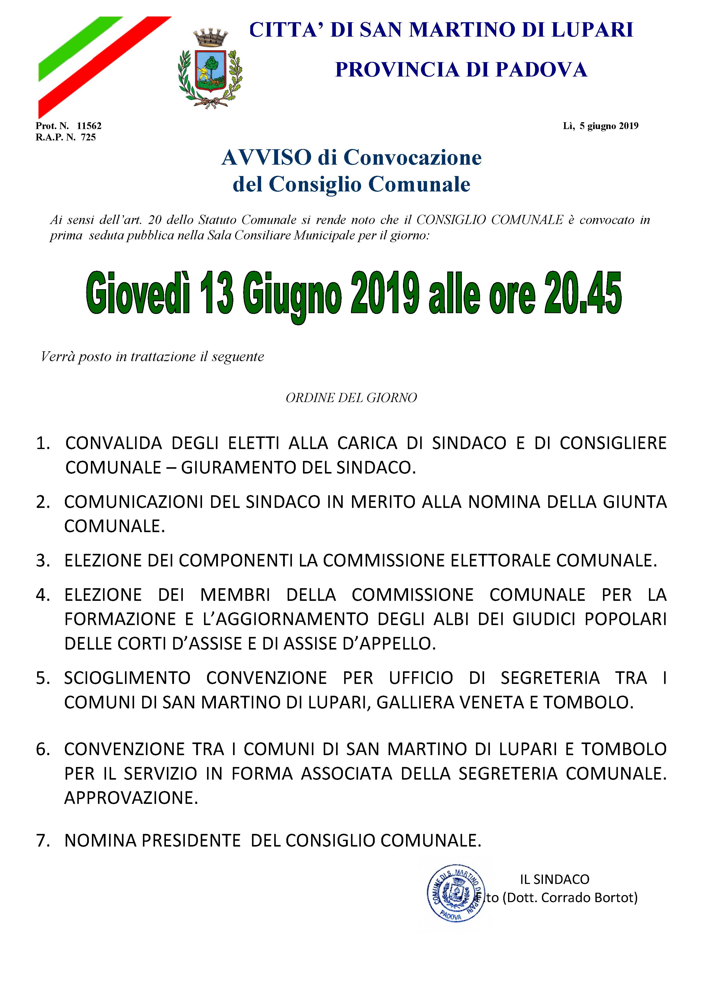 AVVISO DI CONVOCAZIONE CONSIGLIO COMUNALE: Giovedì 13 giugno 2019