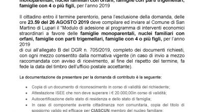 BANDO REGIONALE FAMIGLIE IN DIFFICOLTA’ ANNO 2019