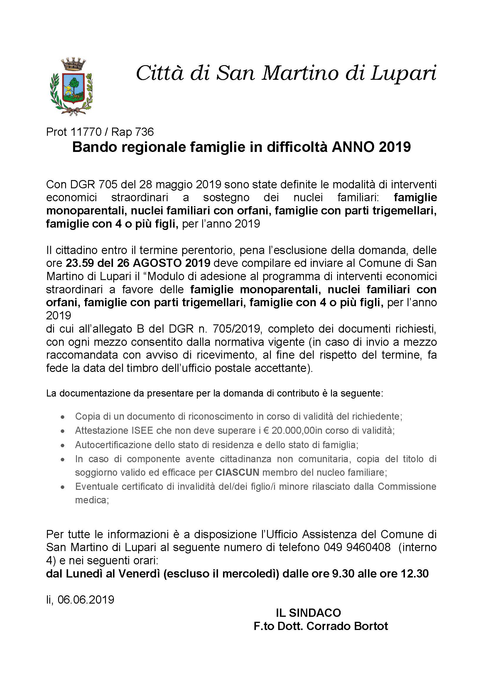 BANDO REGIONALE FAMIGLIE IN DIFFICOLTA’ ANNO 2019