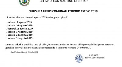 AVVISO CHIUSURA UFFICI COMUNALI – PERIODO ESTIVO 2019