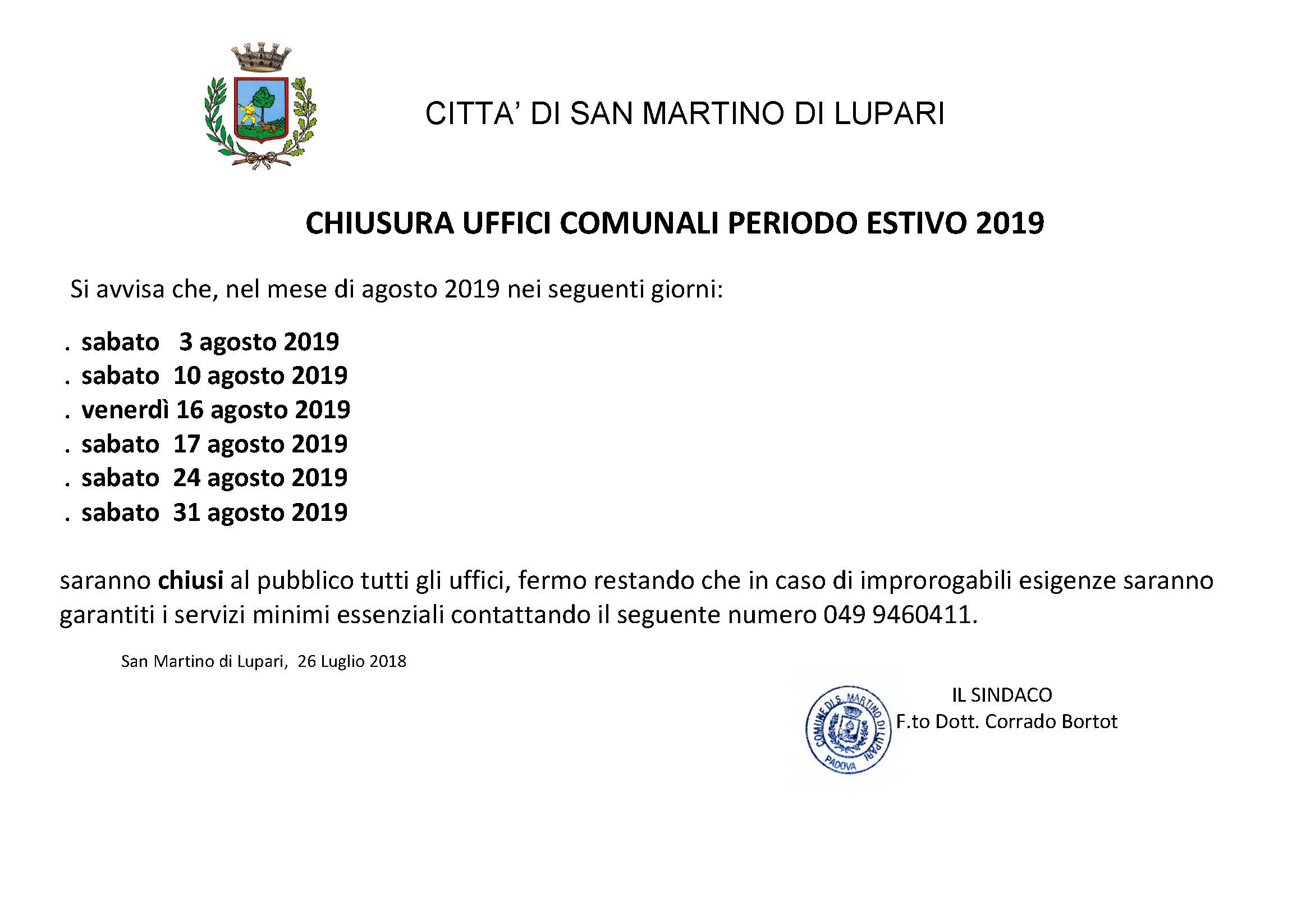 AVVISO CHIUSURA UFFICI COMUNALI – PERIODO ESTIVO 2019