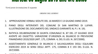 AVVISO DI CONVOCAZIONE CONSIGLIO COMUNALE: Martedì 30 luglio 2019