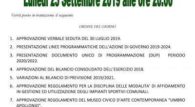 AVVISO DI CONVOCAZIONE CONSIGLIO COMUNALE: Lunedì 23 Settembre 2019 alle ore 20.00