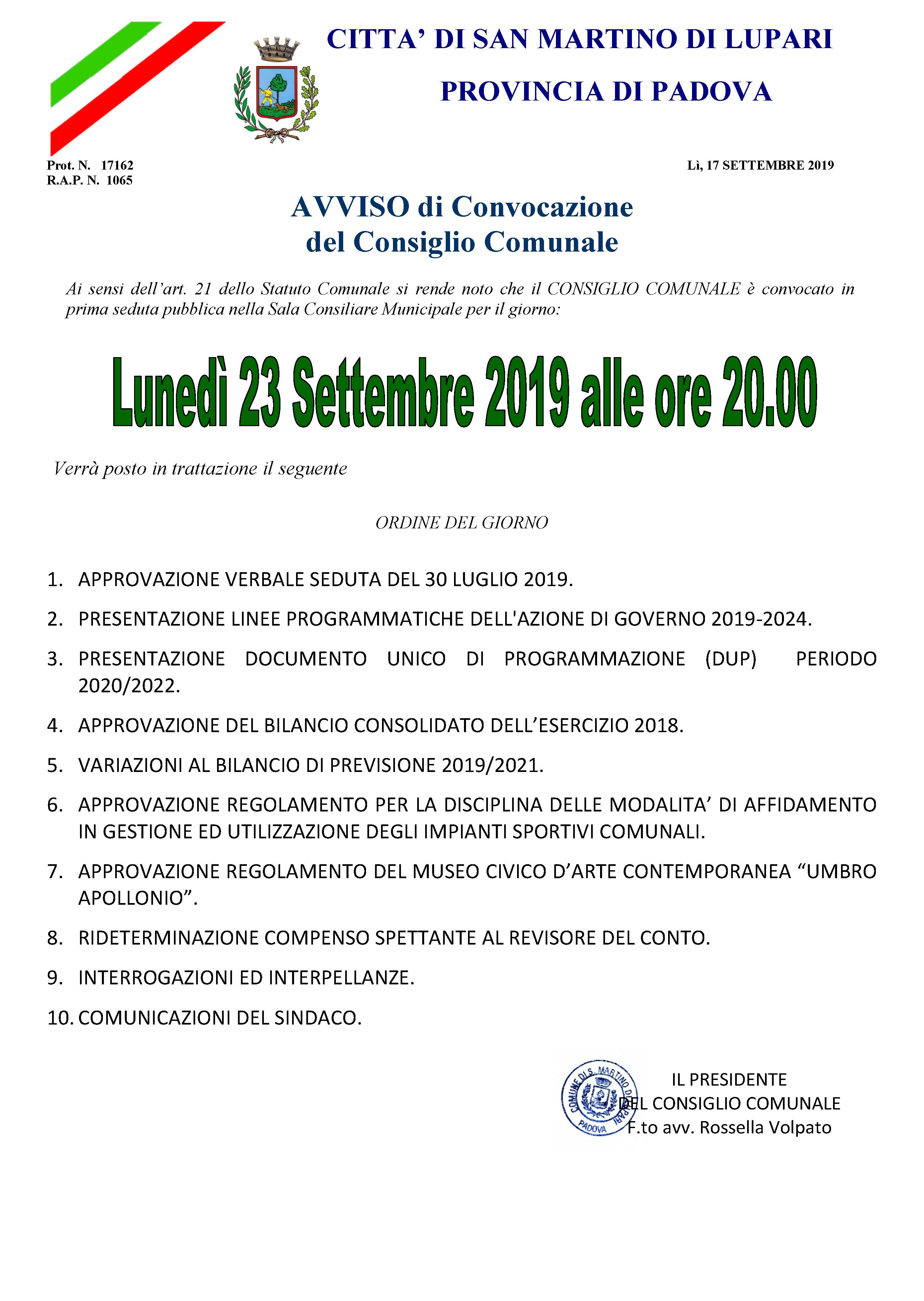 AVVISO DI CONVOCAZIONE CONSIGLIO COMUNALE: Lunedì 23 Settembre 2019 alle ore 20.00