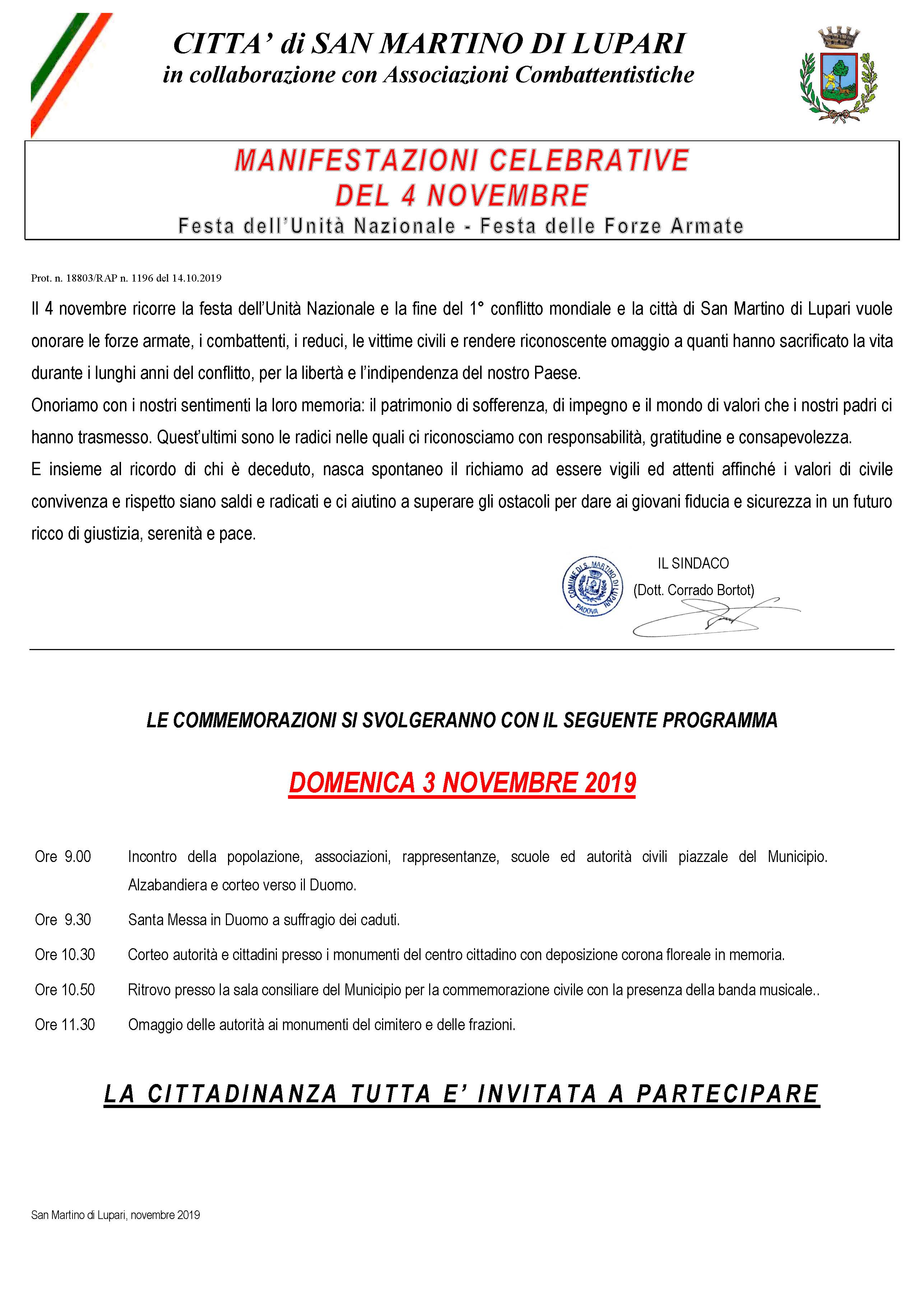 MANIFESTAZIONI CELEBRATIVE  DEL 4 NOVEMBRE  Festa dell’Unità Nazionale – Festa delle Forze Armate