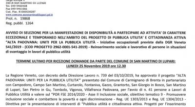 AVVISO DI SELEZIONE PER LA MANIFESTAZIONE DI DISPONIBILITÀ A PARTECIPARE AD ATTIVITA’ DI CARATTERE ECCEZIONALE E TEMPORANEO NELL’AMBITO DEL PROGETTO DI PUBBLICA UTILITA’ E CITTADINANZA ATTIVA “ALTA PADOVANA: UNITI PER LA PUBBLICA UTILITÀ –