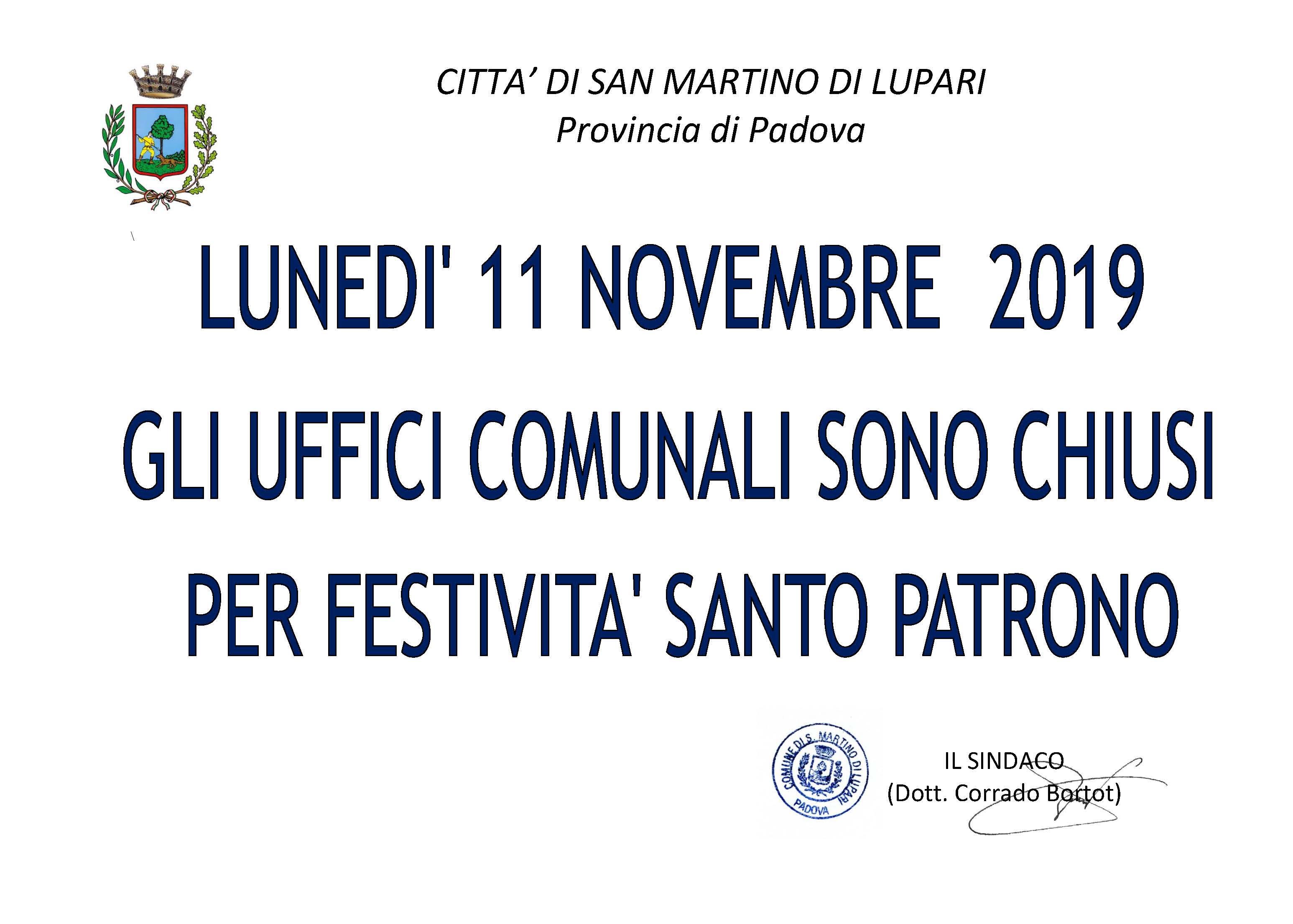AVVISO CHIUSURA UFFICI COMUNALI – 11 NOVEMBRE 2019