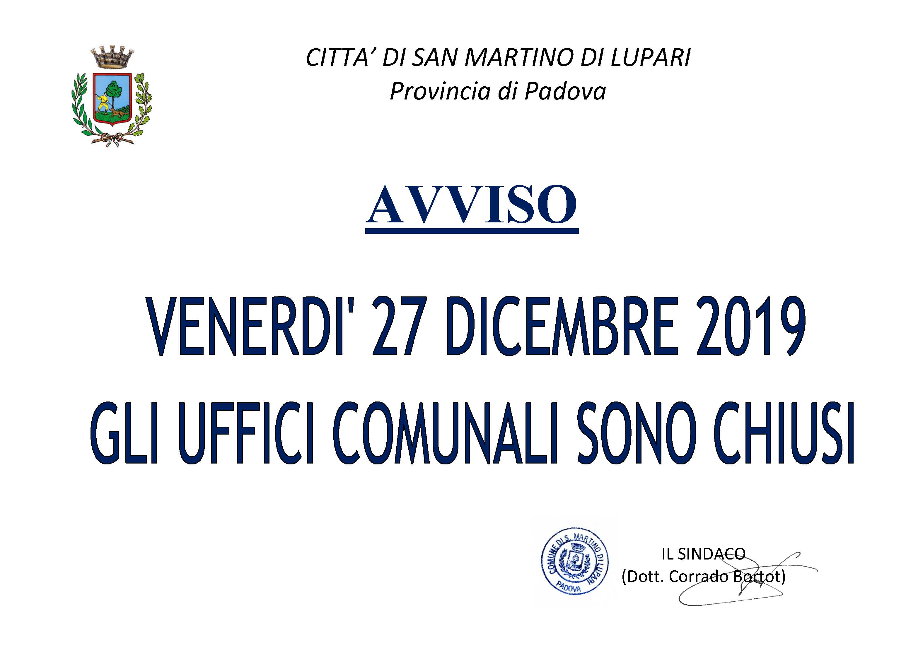 AVVISO CHIUSURA UFFICI COMUNALI – 27 dicembre 2019