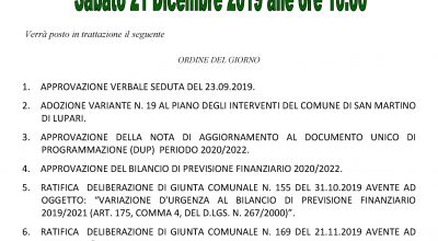 AVVISO DI CONVOCAZIONE CONSIGLIO COMUNALE: Sabato 21 Dicembre 2019 alle ore 10.00