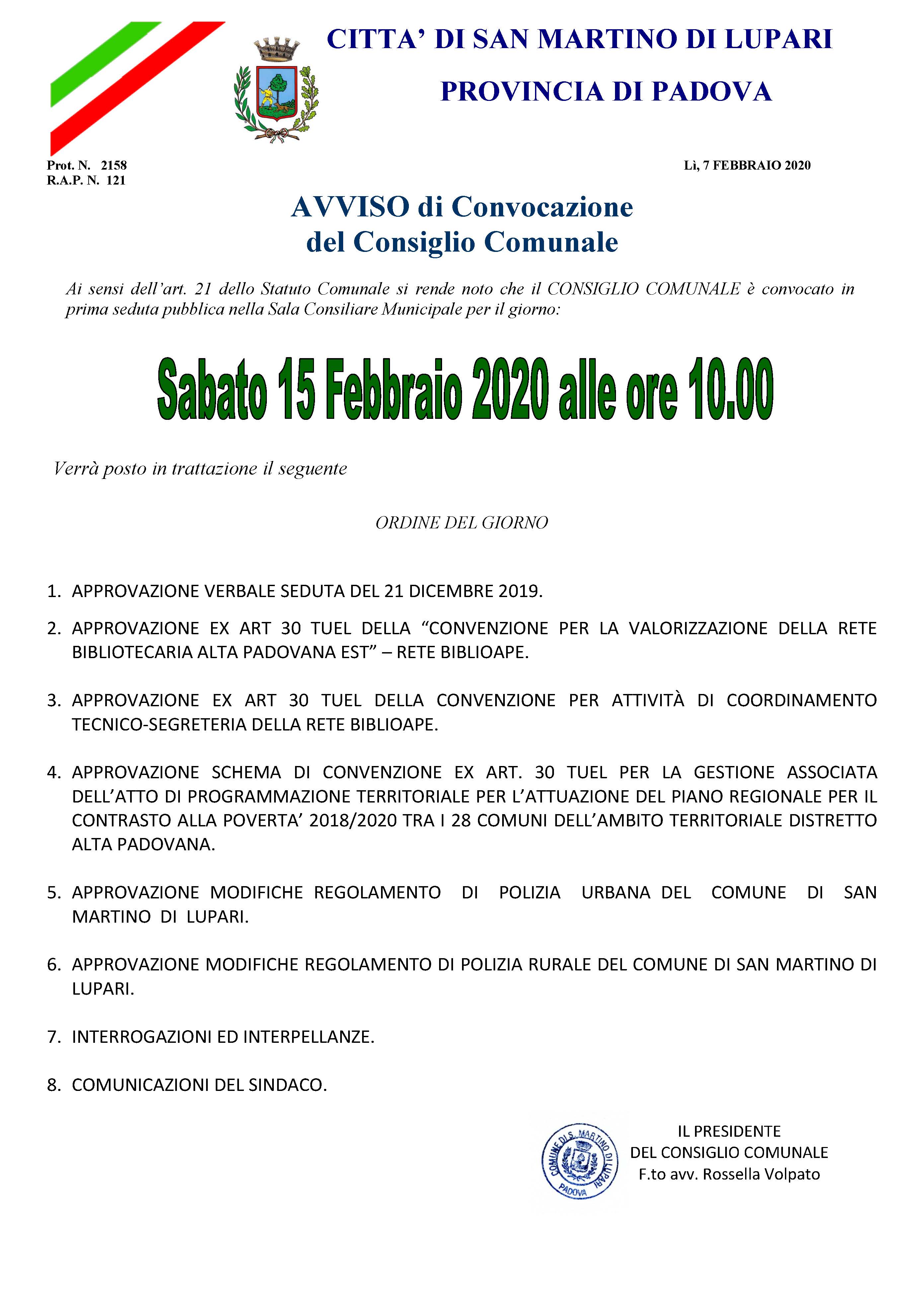 AVVISO DI CONVOCAZIONE CONSIGLIO COMUNALE: Sabato 30 Maggio 2020