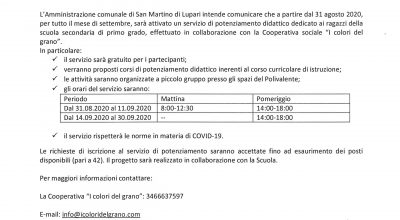 AVVISO PUBBLICO – servizio di potenziamento didattico riservato ai ragazzi della scuola secondaria di primo grado