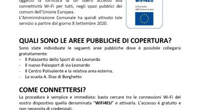 A SAN MARTINO DI LUPARI è attivo il servizio WIFI PUBBLICO  e GRATUITO basato su protocollo WiFi4EU, finanziato dalla Commissione Europea