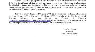SPORTELLO PASSAPORTI DELL’ALTA PADOVANA CON SEDE A CITTADELLA
