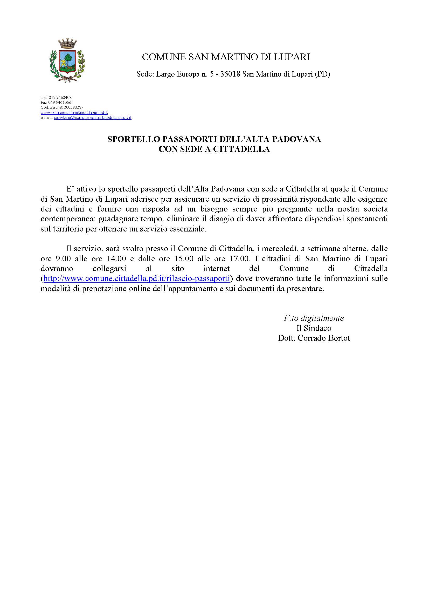 SPORTELLO PASSAPORTI DELL’ALTA PADOVANA CON SEDE A CITTADELLA