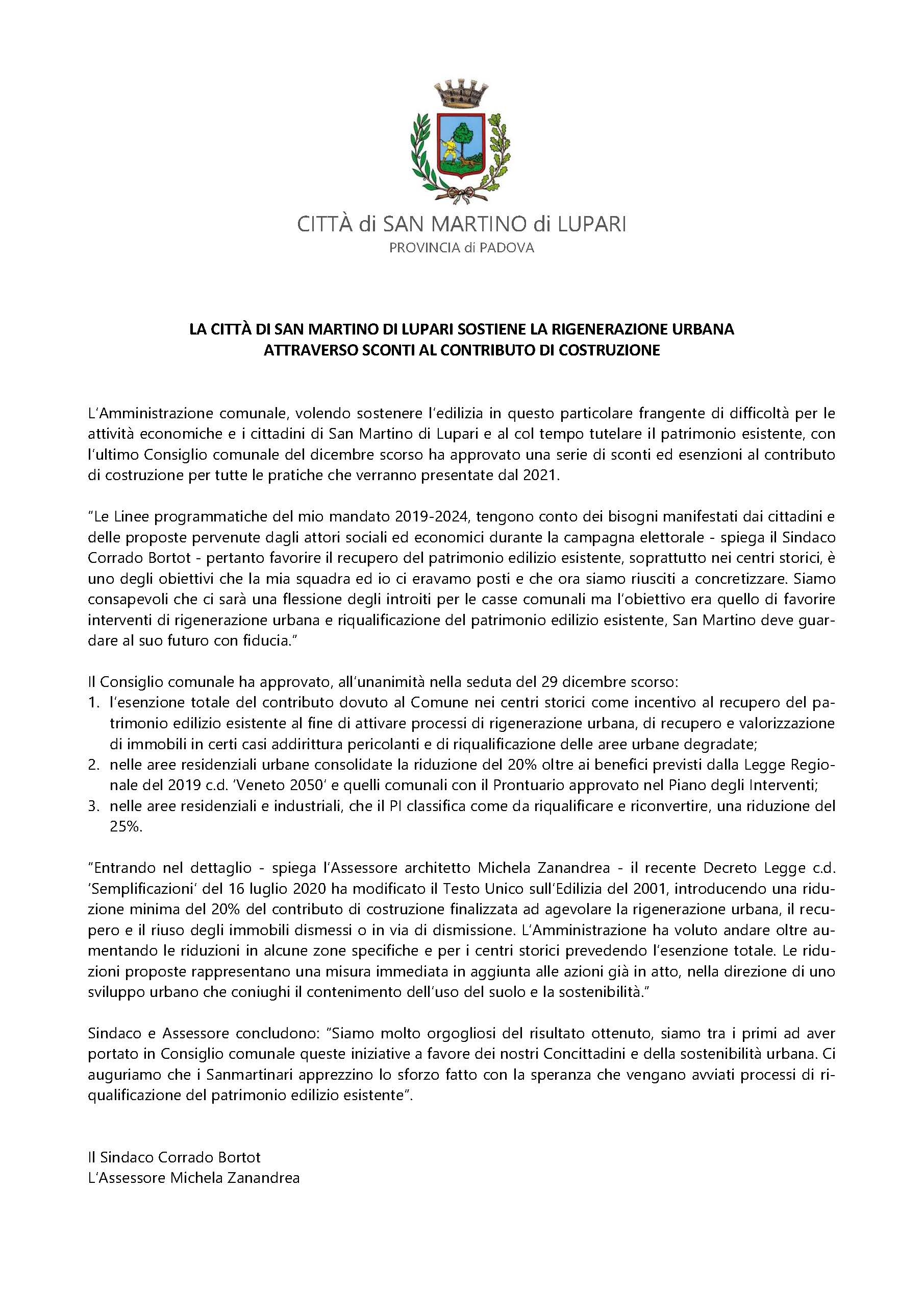 LA CITTÀ DI SAN MARTINO DI LUPARI SOSTIENE LA RIGENERAZIONE URBANA ATTRAVERSO SCONTI AL CONTRIBUTO DI COSTRUZIONE