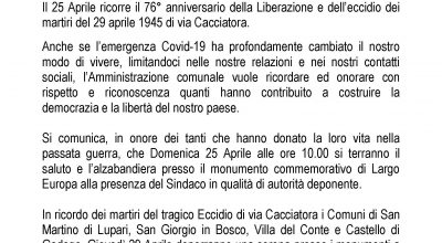 – 25 APRILE 2021 – 76° ANNIVERSARIO DELLA LIBERAZIONE E COMMEMORAZIONE DEI MARTIRI DEL 29 APRILE 1945