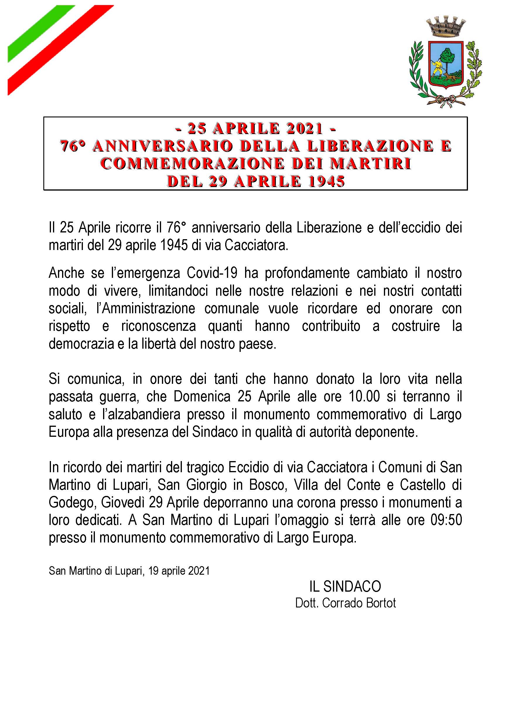 – 25 APRILE 2021 – 76° ANNIVERSARIO DELLA LIBERAZIONE E COMMEMORAZIONE DEI MARTIRI DEL 29 APRILE 1945