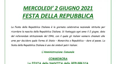 DOMENICA 2 GIUGNO 2019 FESTA DELLA REPUBBLICA