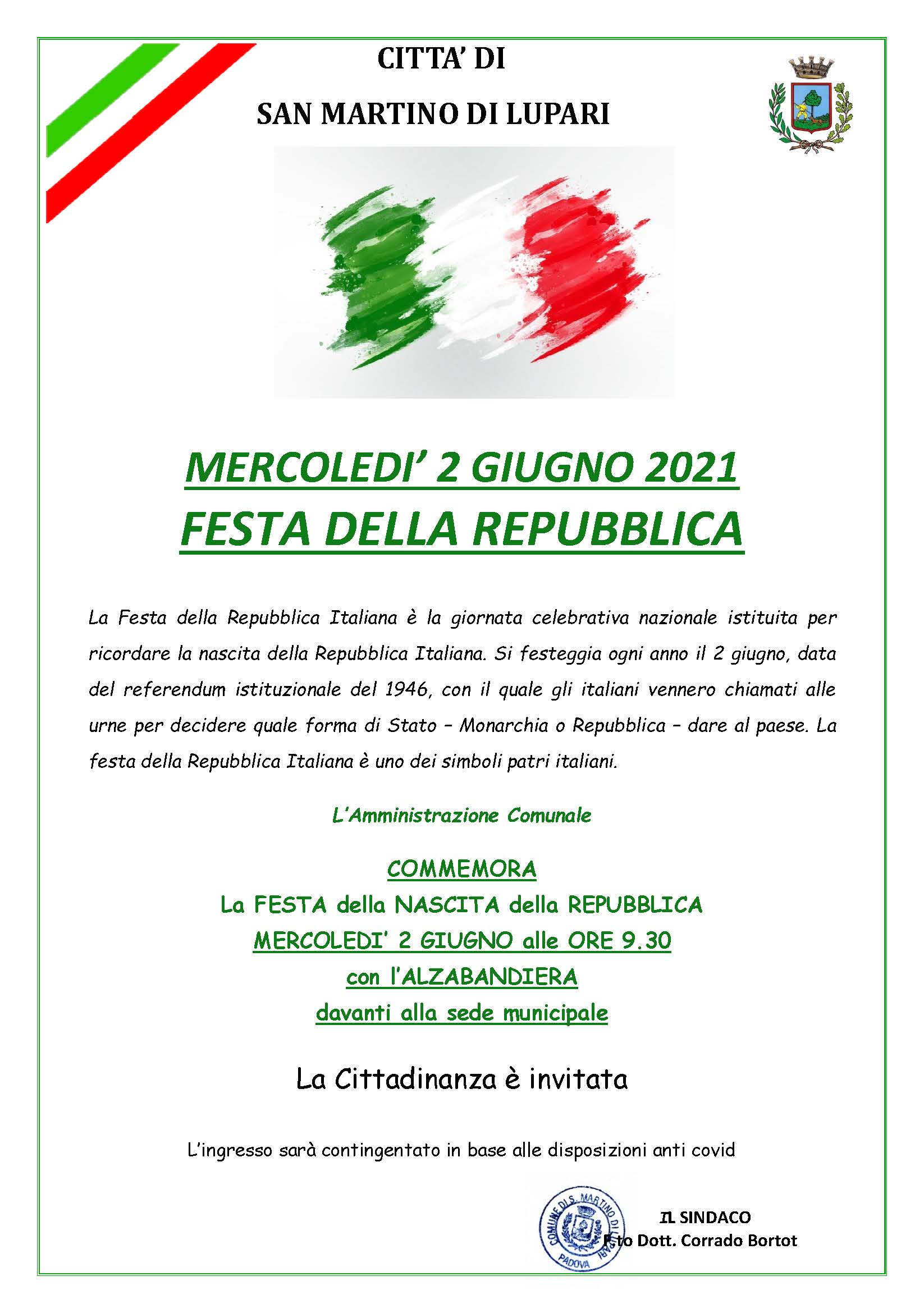 DOMENICA 2 GIUGNO 2019 FESTA DELLA REPUBBLICA