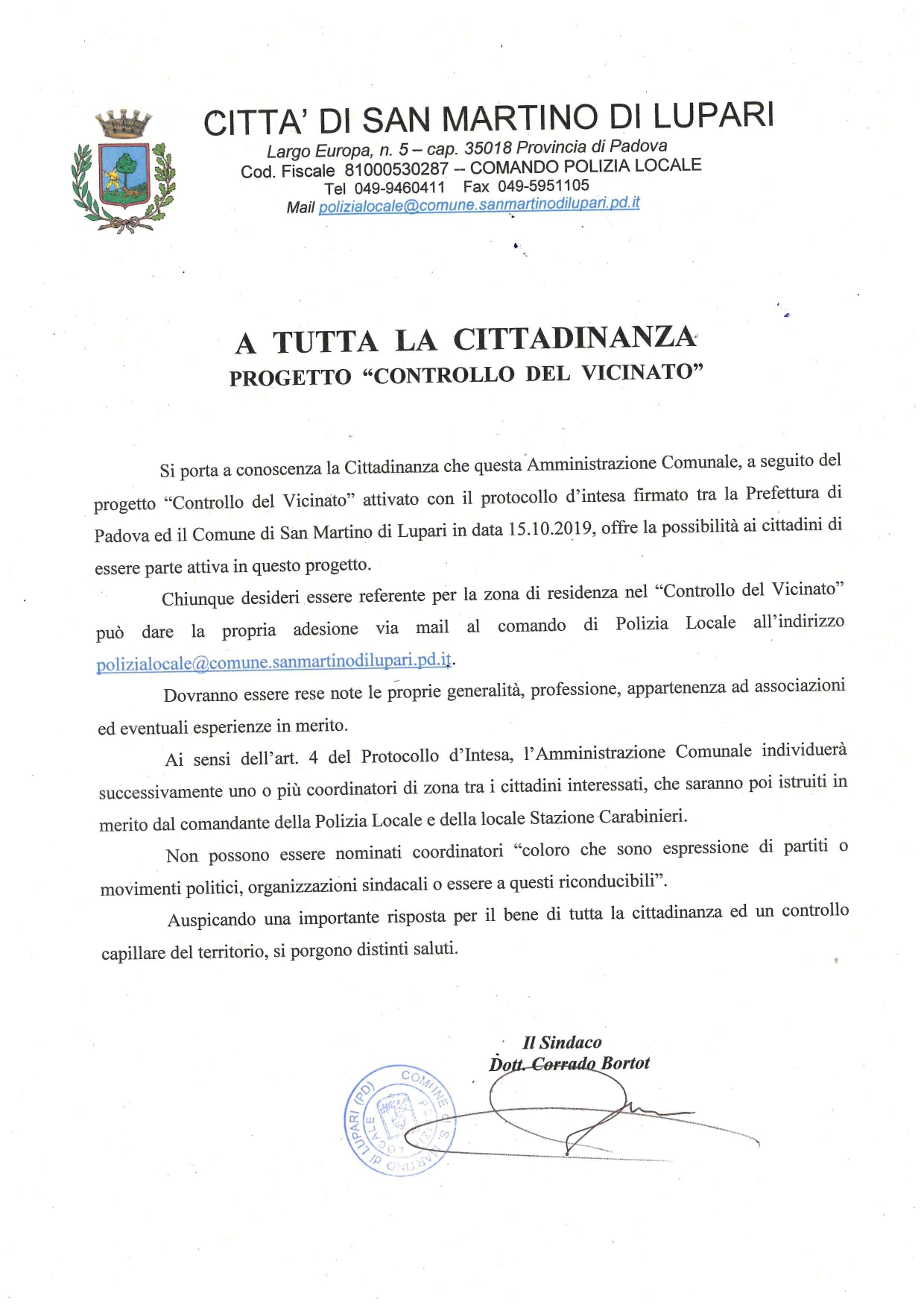 AVVISO:  PROGETTO “CONTROLLO DEL VICINATO”