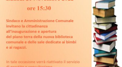 Inaugurazione nuova sede della Biblioteca Comunale: lunedì 21 Novembre 2022 alle ore 15:30