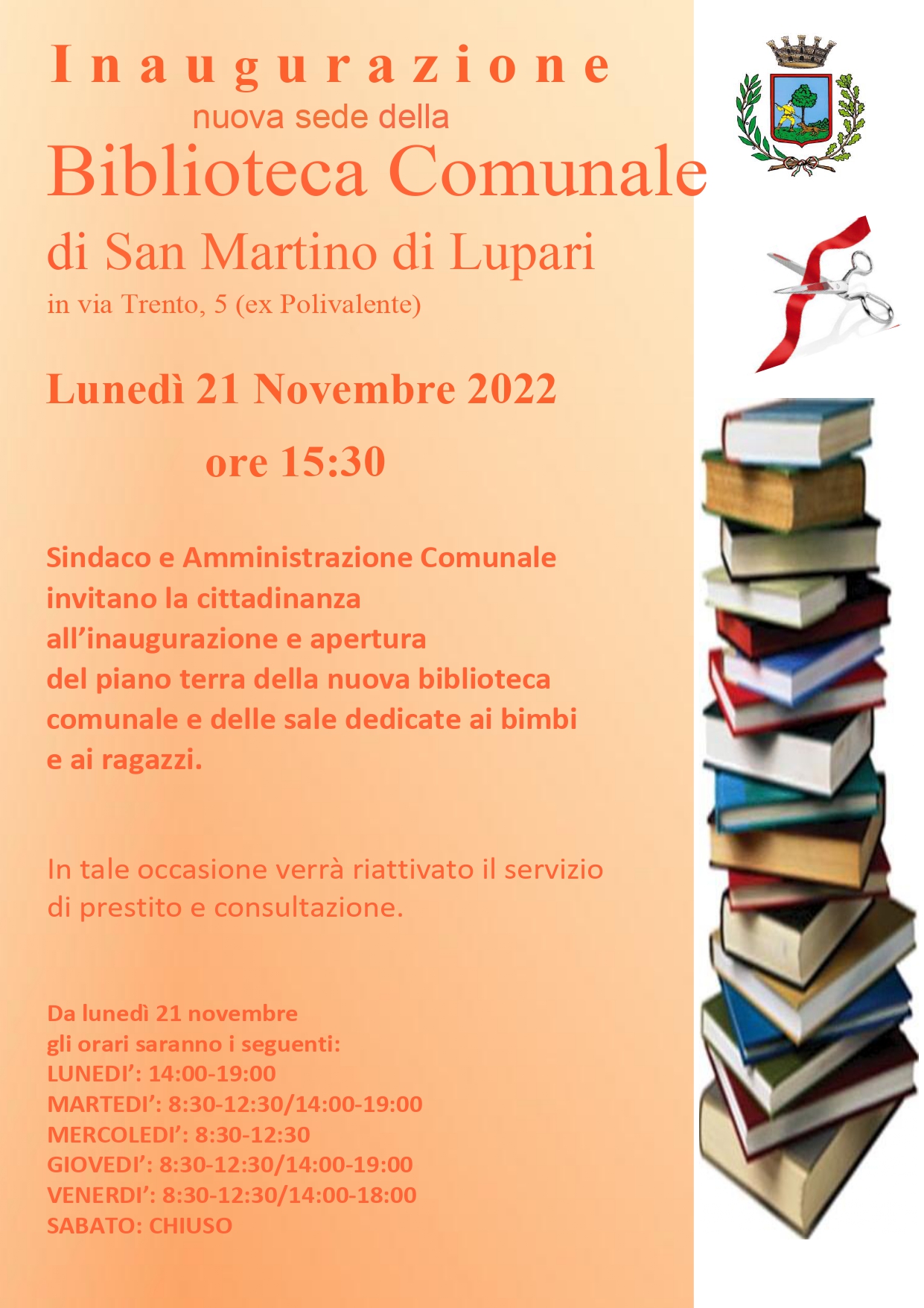Inaugurazione nuova sede della Biblioteca Comunale: lunedì 21 Novembre 2022 alle ore 15:30