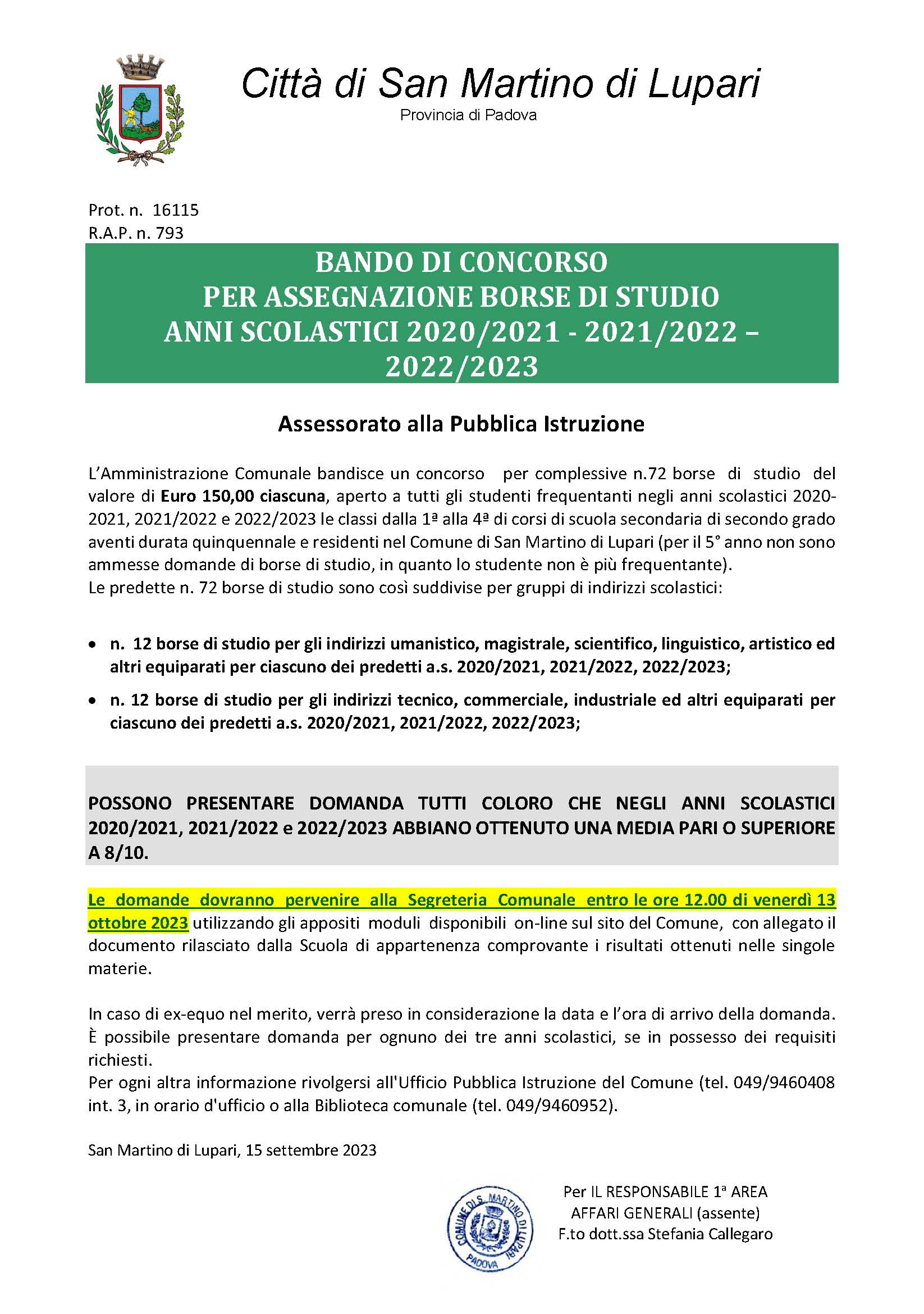 GRADUATORIE ASSEGNAZIONE BORSE DI STUDIO ANNI SCOLASTICI 2020/2021 – 2021/2022 – 2022/2023 – Assessorato alla Pubblica Istruzione