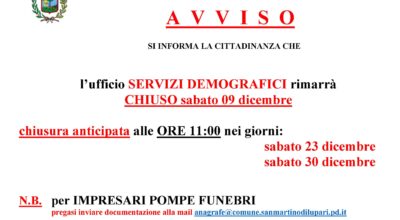 AVVISO CHIUSURA UFFICIO SERVIZI DEMOGRAFICI: