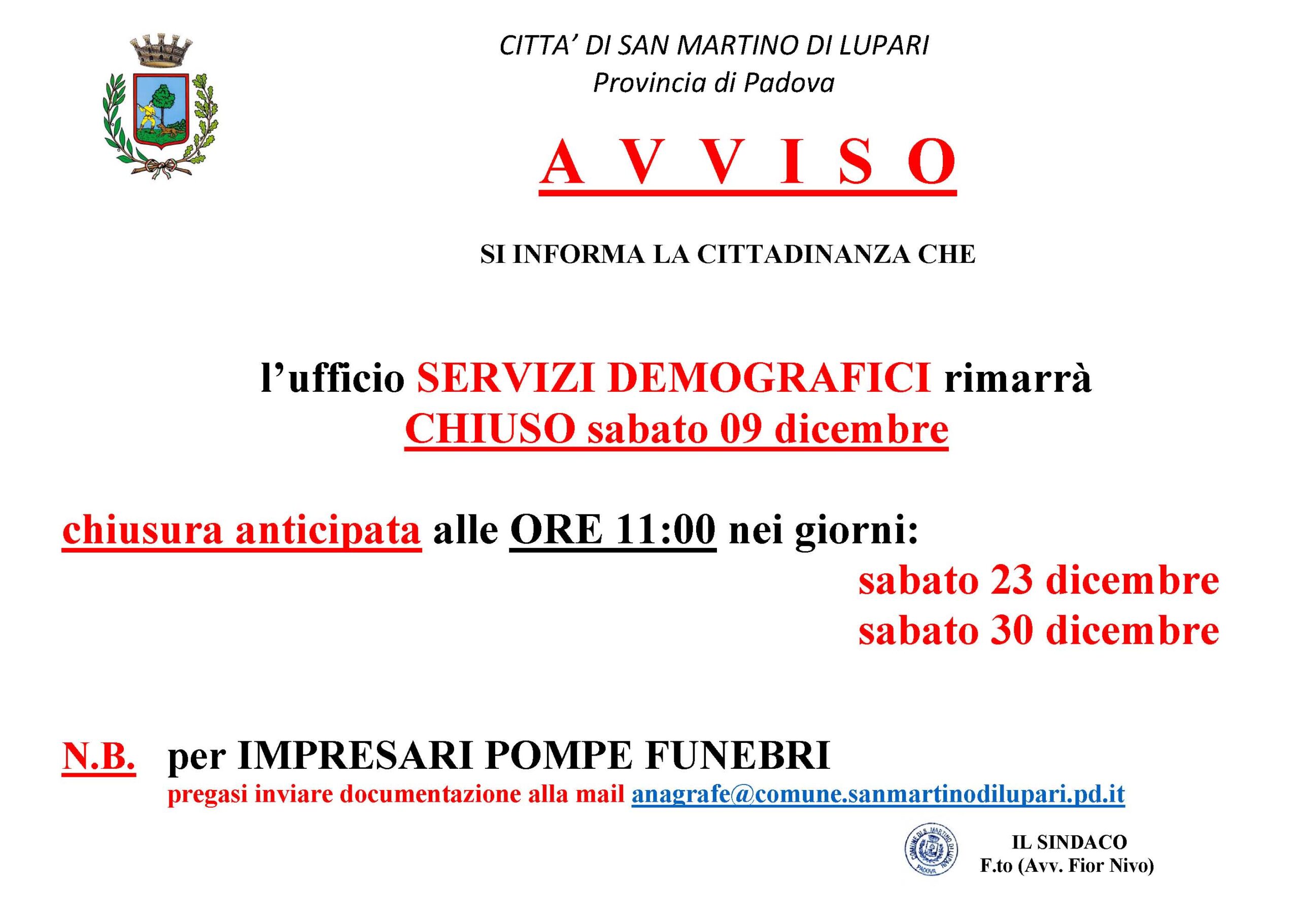 AVVISO CHIUSURA UFFICIO SERVIZI DEMOGRAFICI: