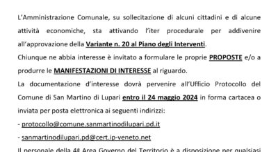 AVVISO MANIFESTAZIONE D’INTERESSE VARIANTE N. 20 AL PIANO INTERVENTI