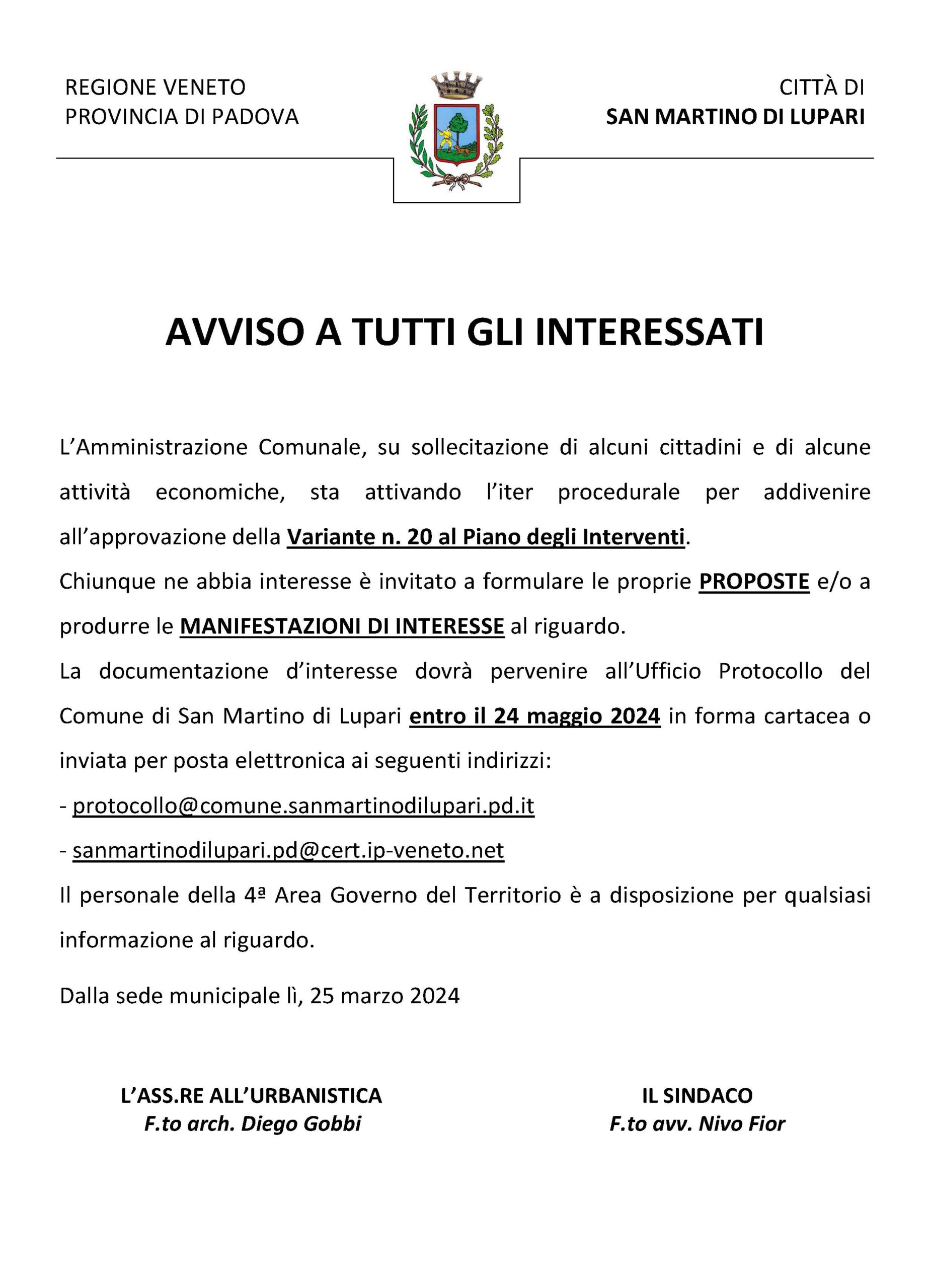 AVVISO MANIFESTAZIONE D’INTERESSE VARIANTE N. 20 AL PIANO INTERVENTI