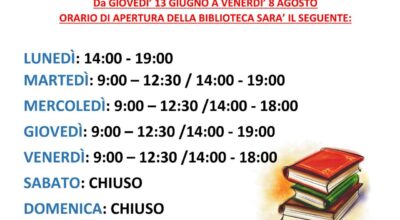 BIBLIOTECA COMUNALE: NUOVO ORARIO DI APERTURA DA GIOVEDI’ 13 GIUGNO A VENERDI’ 8 AGOSTO 2024