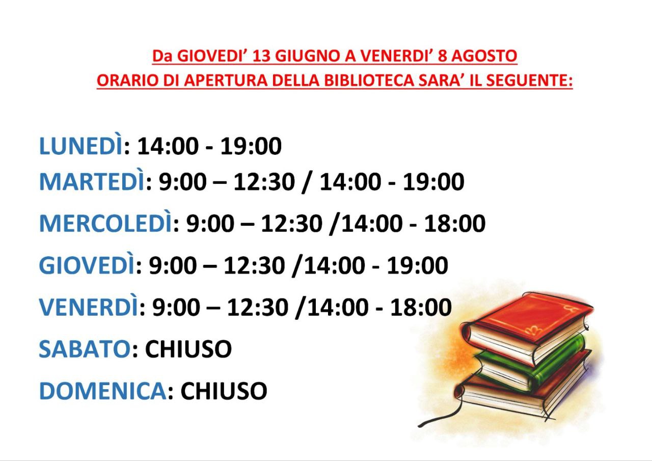 BIBLIOTECA COMUNALE: NUOVO ORARIO DI APERTURA DA GIOVEDI’ 13 GIUGNO A VENERDI’ 8 AGOSTO 2024