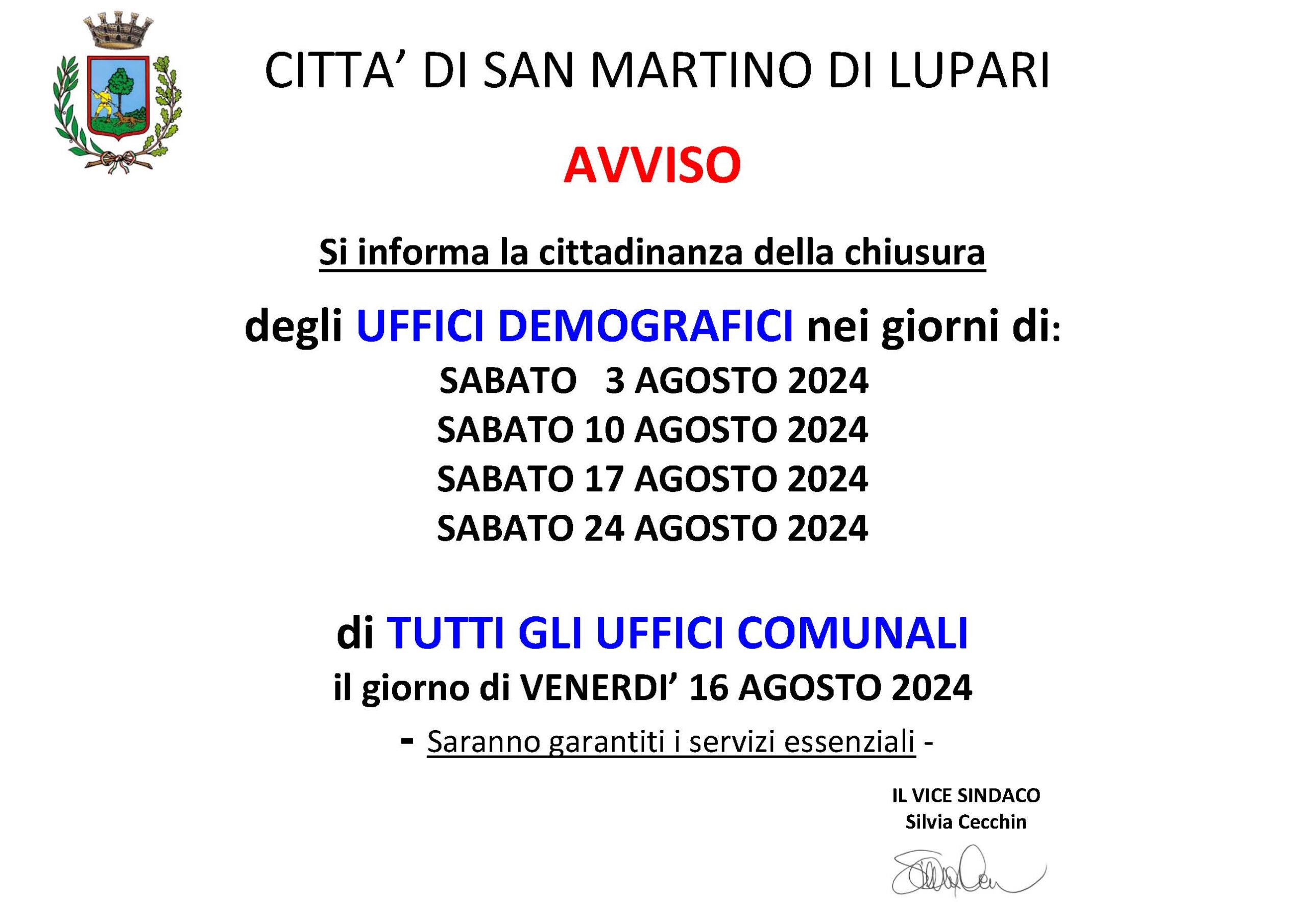 AVVISO CHIUSURA UFFICI COMUNALI – PERIODO: AGOSTO 2024