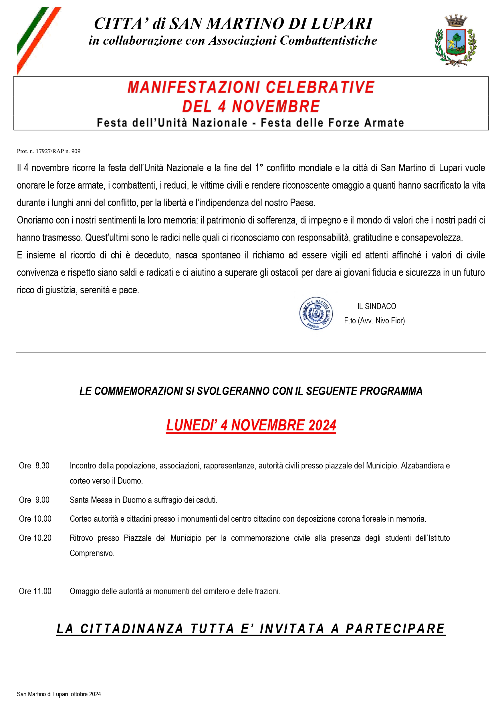 LUNEDI’ 4 NOVEMBRE 2024 – MANIFESTAZIONI CELEBRATIVE  DEL 4 NOVEMBRE  Festa dell’Unità Nazionale – Festa delle Forze Armate