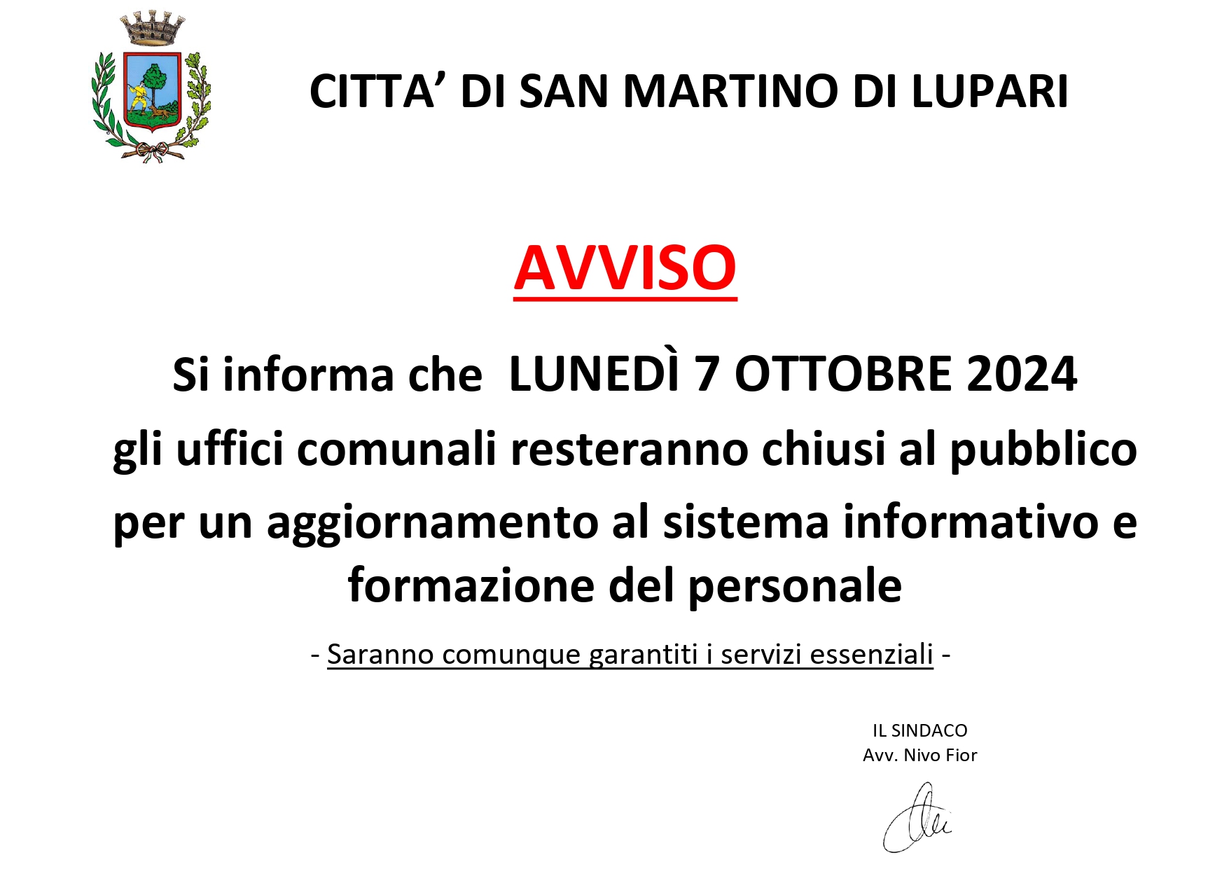 AVVISO CHIUSURA UFFICI COMUNALI – LUNEDI’ 7 OTTOBRE 2024